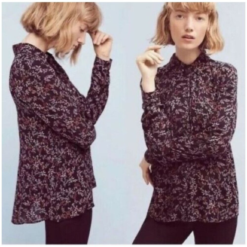 Maeve Anthropologie Dark Moody Floral Collared Long Sleeve Button Front Shirt US